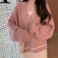 pink elegant knitted cardigan women 2021 autumn winter korean girl sweet v neck sweater coat top b002
