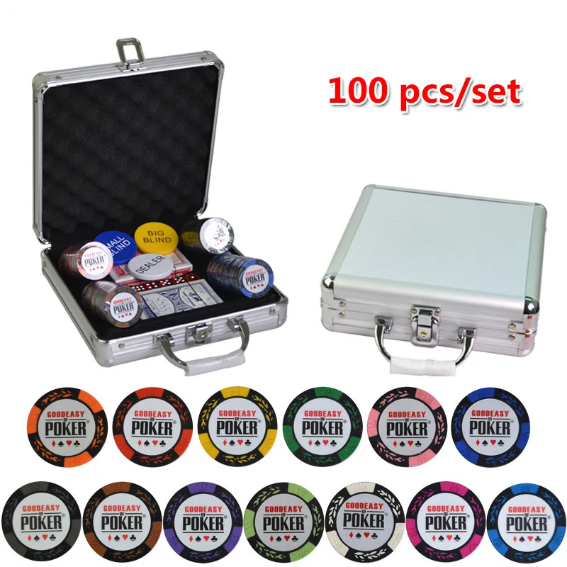 

100-500pcs Clay Poker Chips Set With Aluminum Suitcase Casino Wheat Poker chip 14 Color Texas Hold'em chip 14g