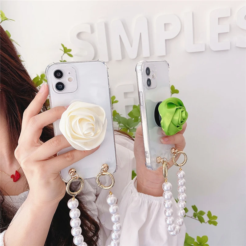 

Ins Korea Fashion Rose Flower Stand Bracket Phone Case for Iphone 12 11 Pro Max XR XS 7 8 Plus Se2 Wrist Chain Pearl Clear Cover