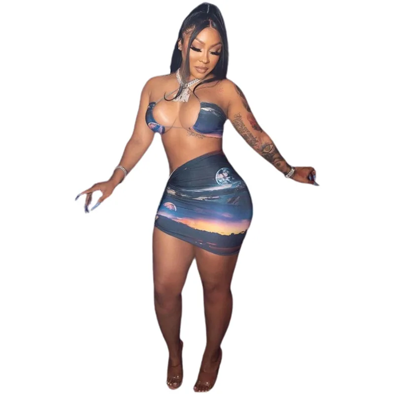 

Sexy Women Skirt Set Halter Crop Top+ Mini Dress Print Party Night Clubwear Lace Up Pleated Dress Outfit