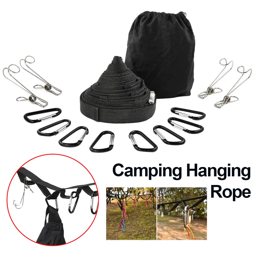 

14 Pcs D-ring Locking Carabiner Clip 4.3m Camping Hanging Rope Multifunctional Clothesline Carabiners Climbing Equipment