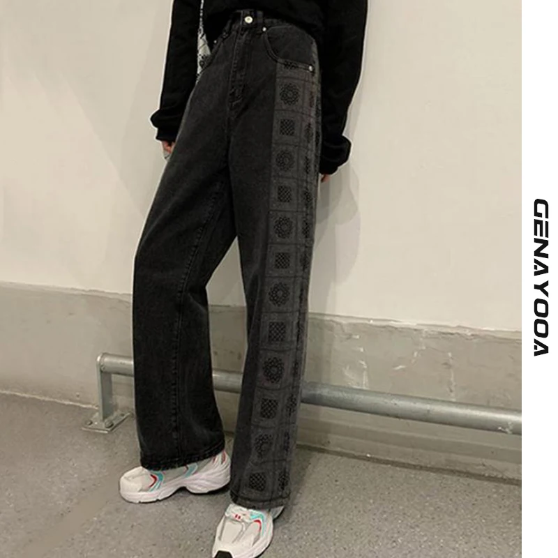 

Genayooa Mom Jeans High Waist Vintage Ptint Patchwork Loose Boyfriend Jeans For Women Streetwear Wide Leg Pants Mujer Fashion