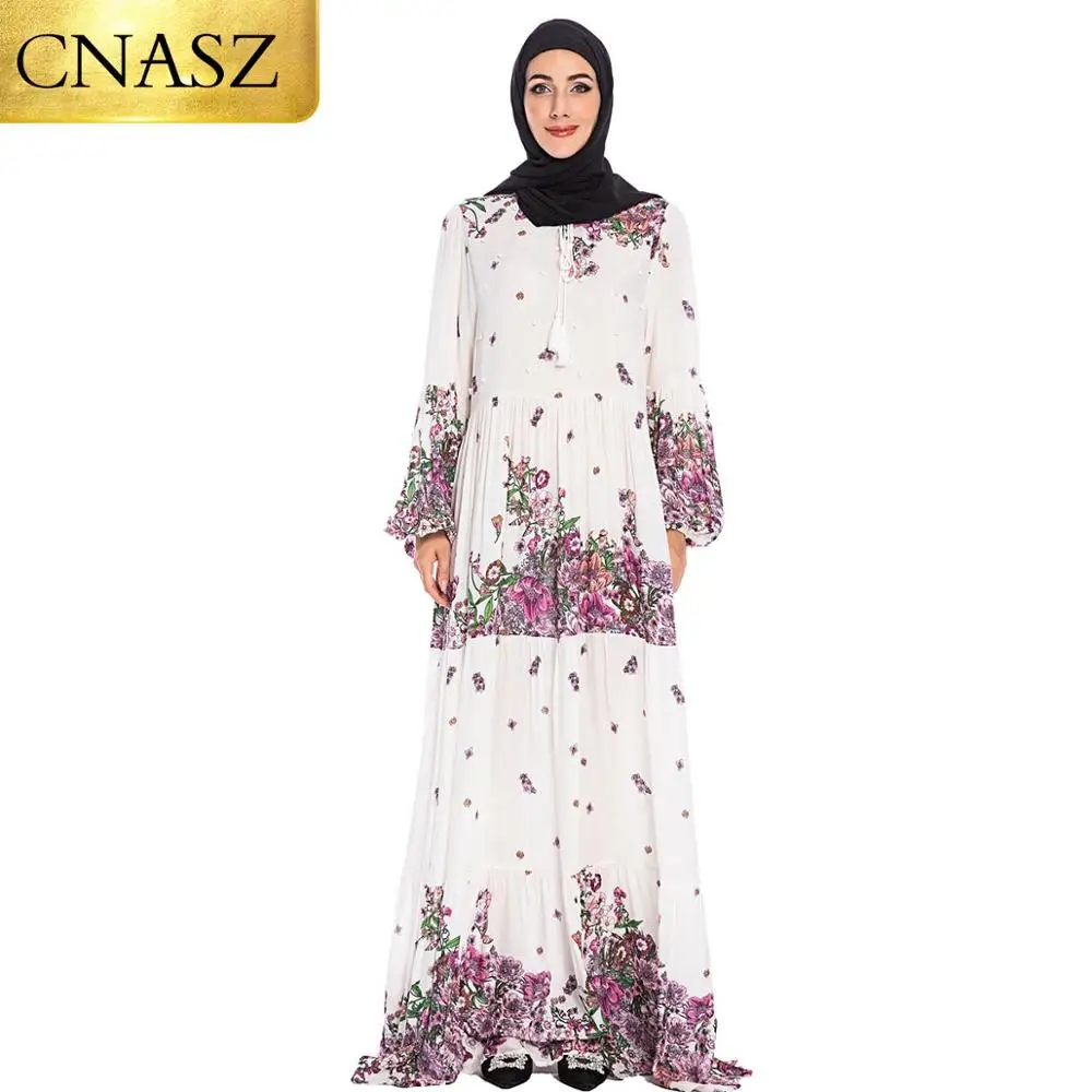 Женское мусульманское платье-кафтан абайя с цветным принтом и жемчужным