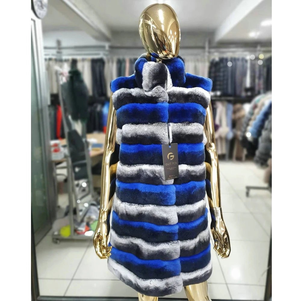 Mid-length Women Rex Rabbit Fur Vest Stand Collar Winter Fashion Color Patchworm Natural Rex Rabbit Fur Coat Sleeveless Overcoat