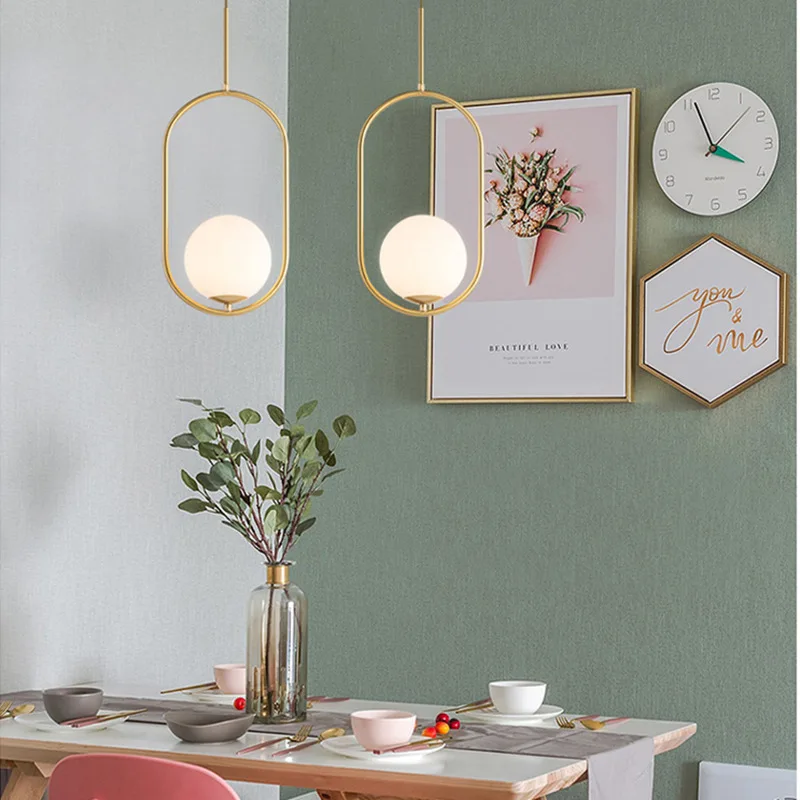 Nordic Modern Glass Ball Pendant Lights Vintage Hoop Led Hanging Lamp For Living Room Restaurant Lamp E27 Light Bulb Gold