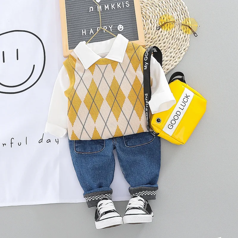 

Boys 3pcs wedding clothes sets spring autumn kids fashion wool vest shirts pants outfits for baby boys children tracksuits 2020