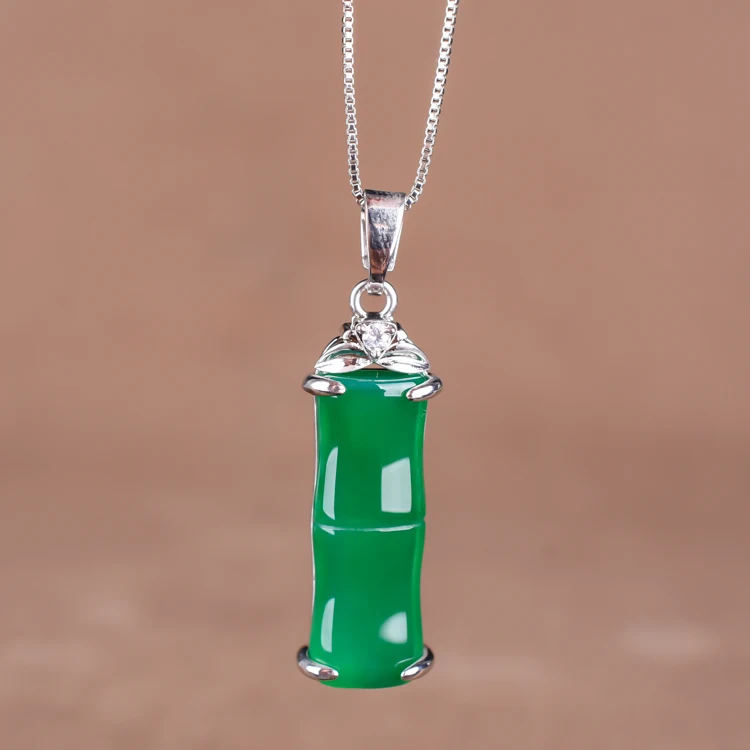

Natural green jade pendant necklace handcarved bamboo agate pendants 925 sterling silver jade jewelrysilver 925 jewelry necklace