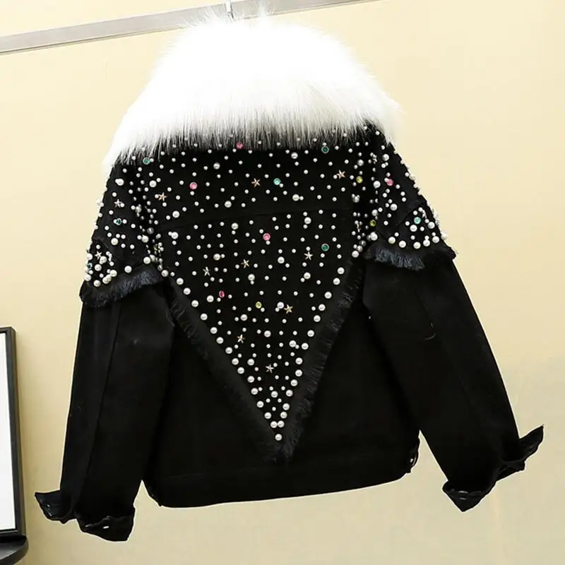 black coat white fur Зимняя женская джинсовая куртка с мехом, Женская парка, новинка, черное джинсовое пальто женское джинсовое пальто с заклепками и стразами, шерстяная подкладка - Цвет: black coat white fur