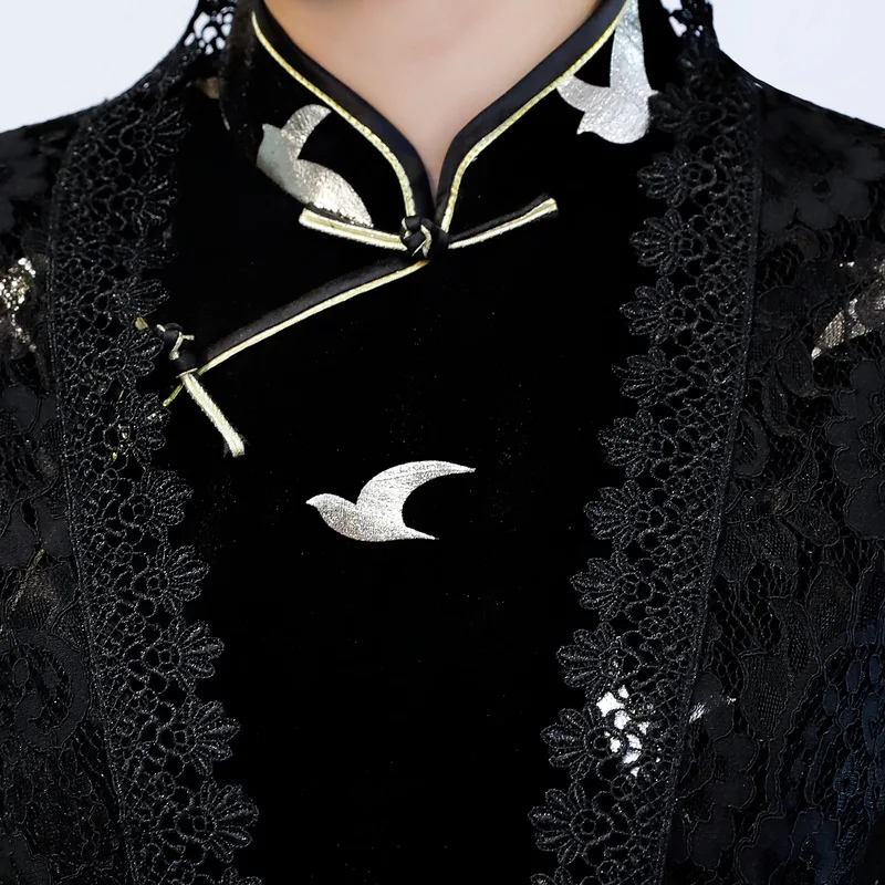 

Black Sexy Sleeve Velour Print Birds Cheongsam Hight Split Long Qipap Autumn New Mother Wedding Party Straight Chinese Dress