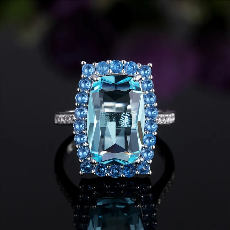 

2021 Fashion White Gold Plated Engagement Wedding Ring Vintage Big Rectangular Sky Blue Zircon Women's Ring