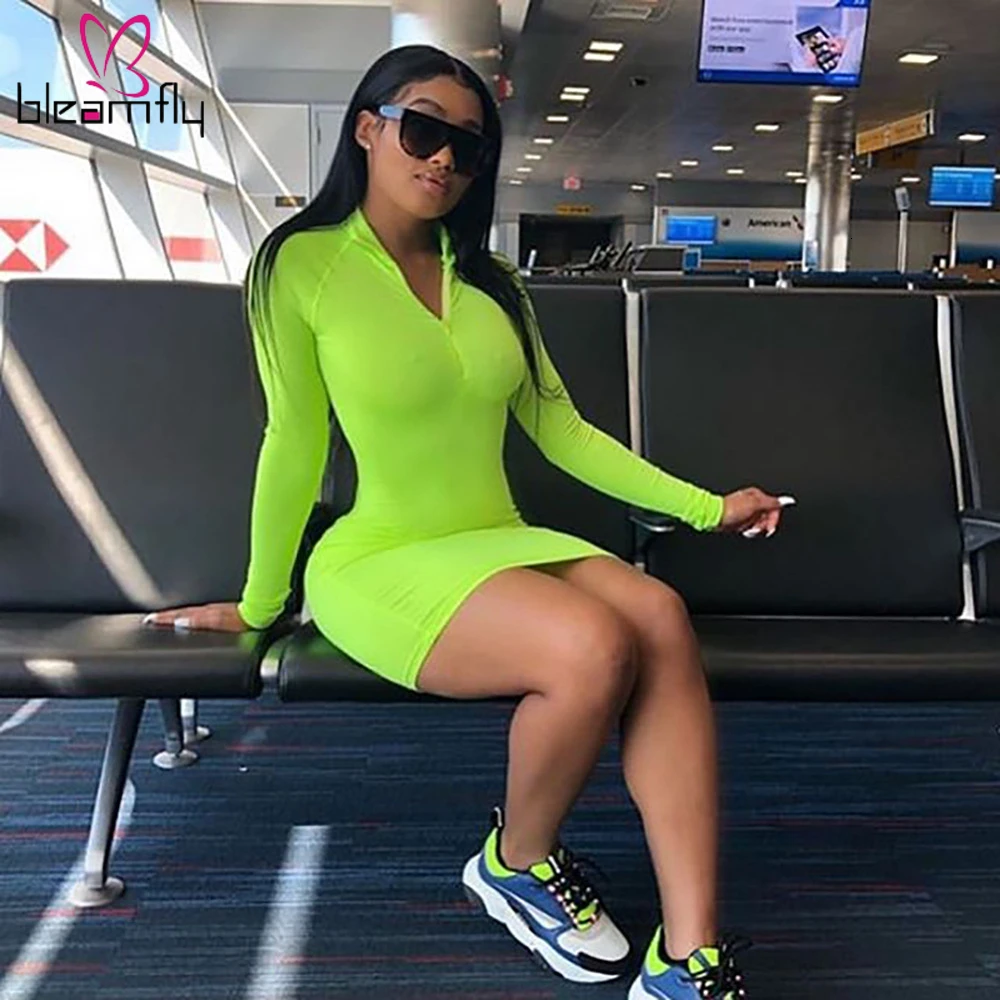 Лето осень женское облегающее мини платье миди на молнии с длинным рукавом