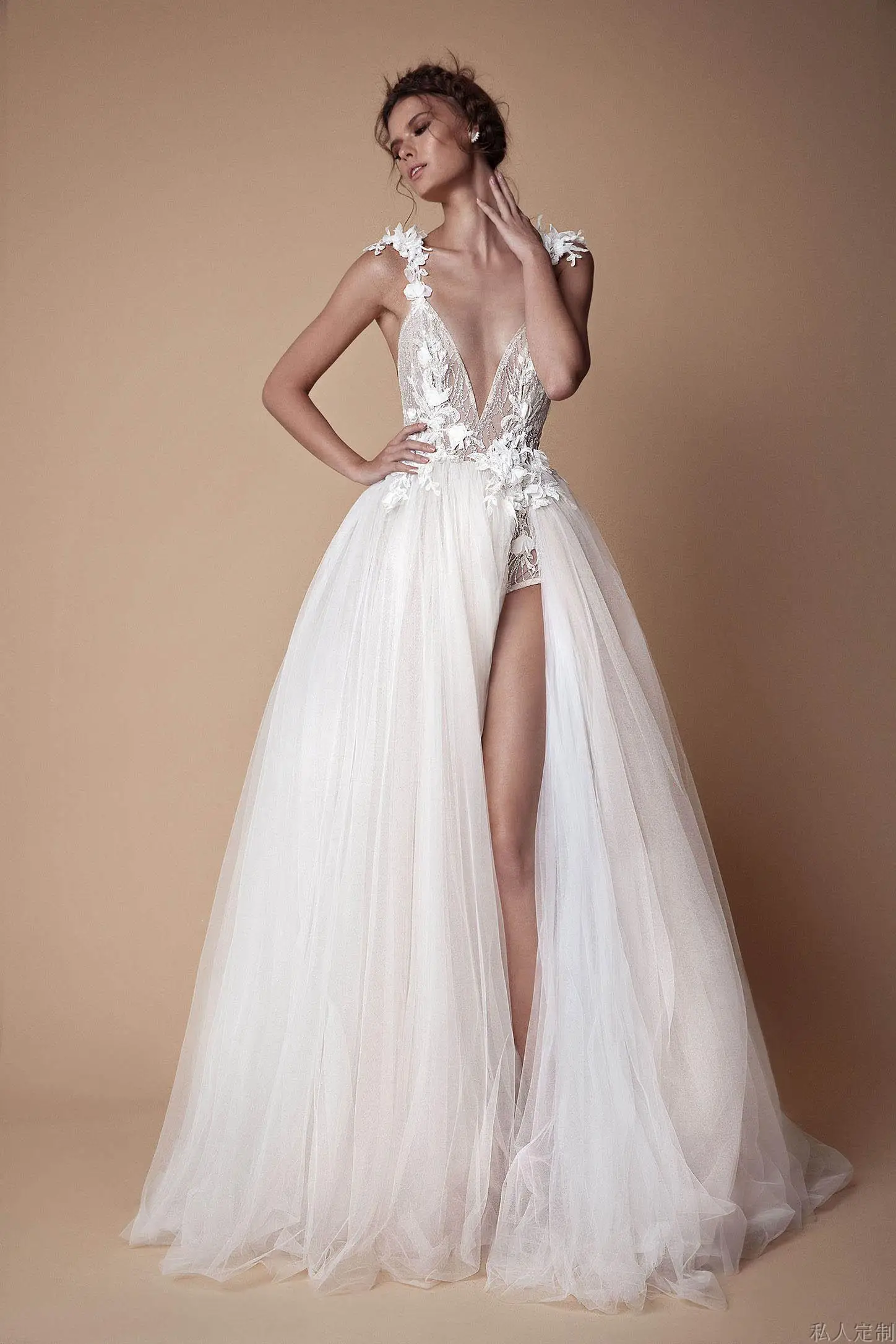 

Real Photos High Split Beach White Wedding Dress Sexy Deep V Neck Backless Lace Appliques Bridal Gowns Boho Vestidos De Novia