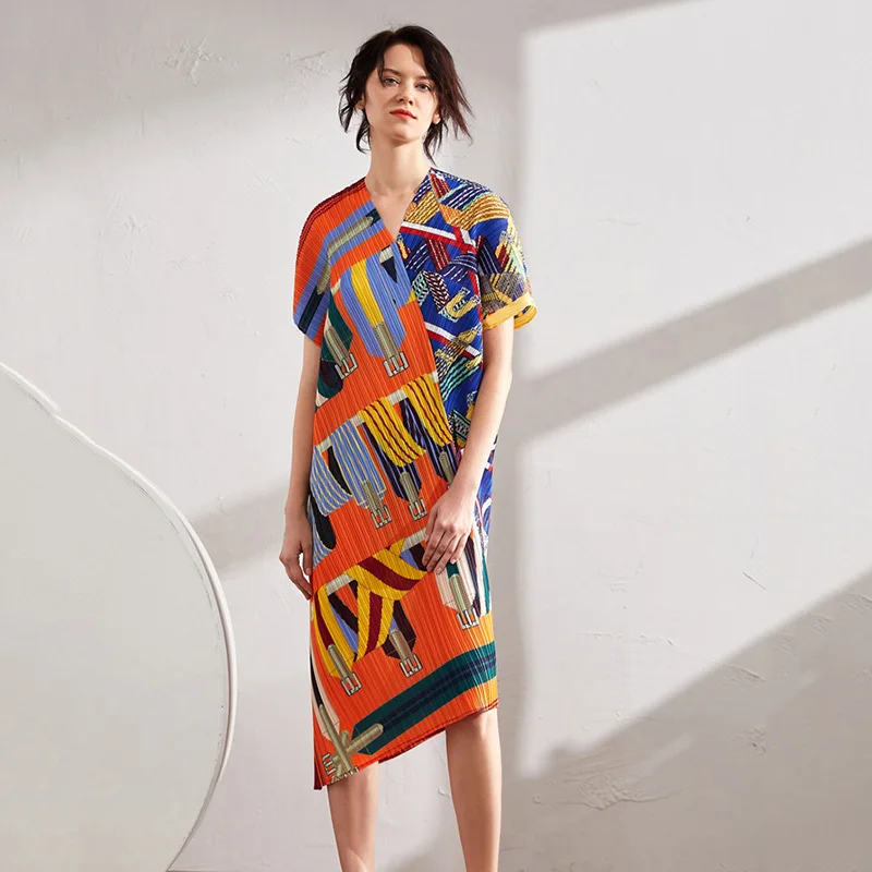 2022 Summer Irregular Pleated Dress for Women V Neck Short Sleeve Printing Loose Female Streetwear Dresses E337