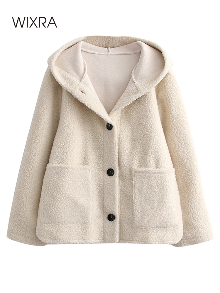 

Wixra женские балетки из овечьей шерсти с капюшоном пальто однотонная теплая однобортная стильная Меховая куртка в уличном стиле осень-зима в...