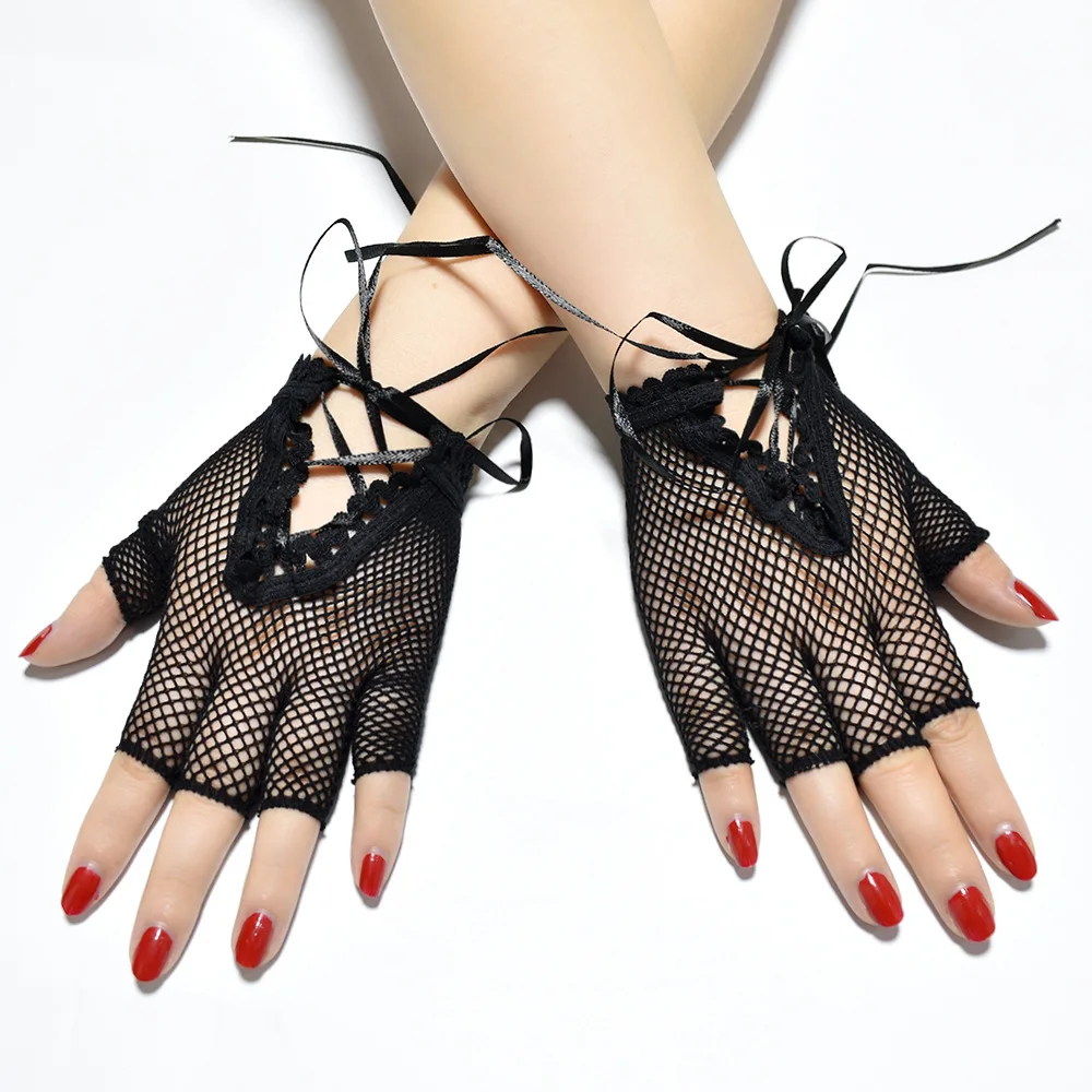 

Sexy Black Fishnet Gloves for Women Short Ribbon Tie Wrist Mittens Half Finger Mesh Goth Punk Lolita Gloves Party Costume
