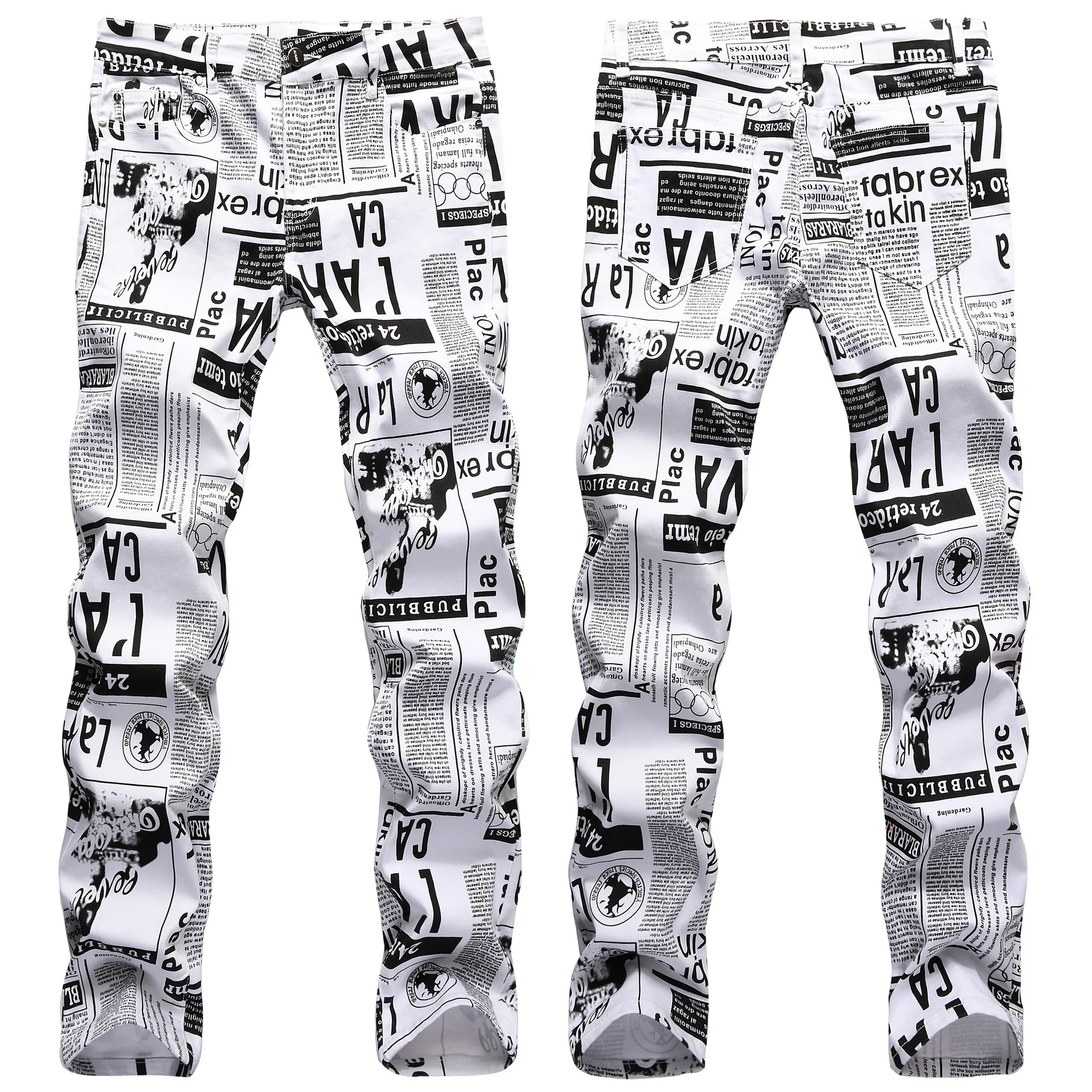 Men’s High Quality Street Fashion Prints Jeans,Slim-fit Stretch Denim Pants,Newspaper Painting Party Jeans,Cool Casual Jeans;