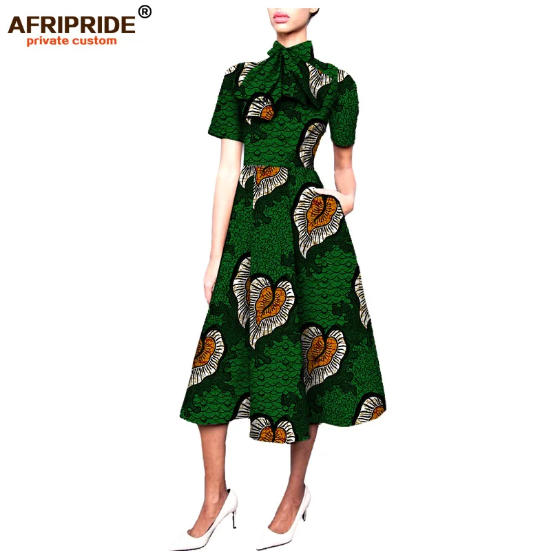Высокое уличное женское платье в африканском стиле AFRIPRIDE, индивидуальный заказ, короткий рукав, до середины икры, длина, гофрированная горловина, восковое Хлопковое платье, A722597