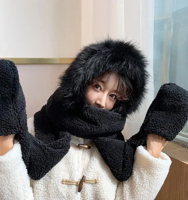 A ZDFURS* осенняя и зимняя шапка, Женская плюшевая Толстая двухслойная шапка northeast, теплая велосипедная шапка, шарф, шарф, перчатки, один подарок - Цвет: A