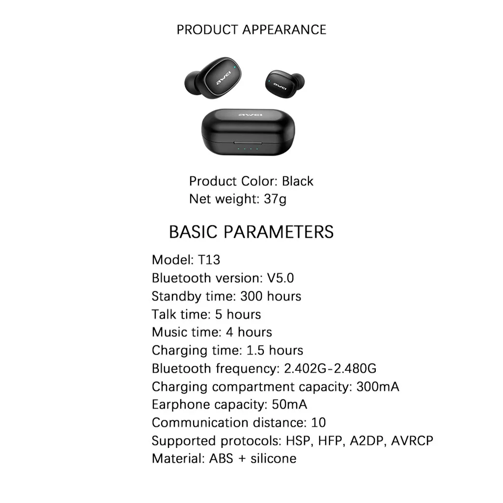 

AWEI TWS Bluetooth 5.0 Wireless Double Earphone HIFI Sport Headset Display-touch Earbuds Wireless Headset Super Bass Sound