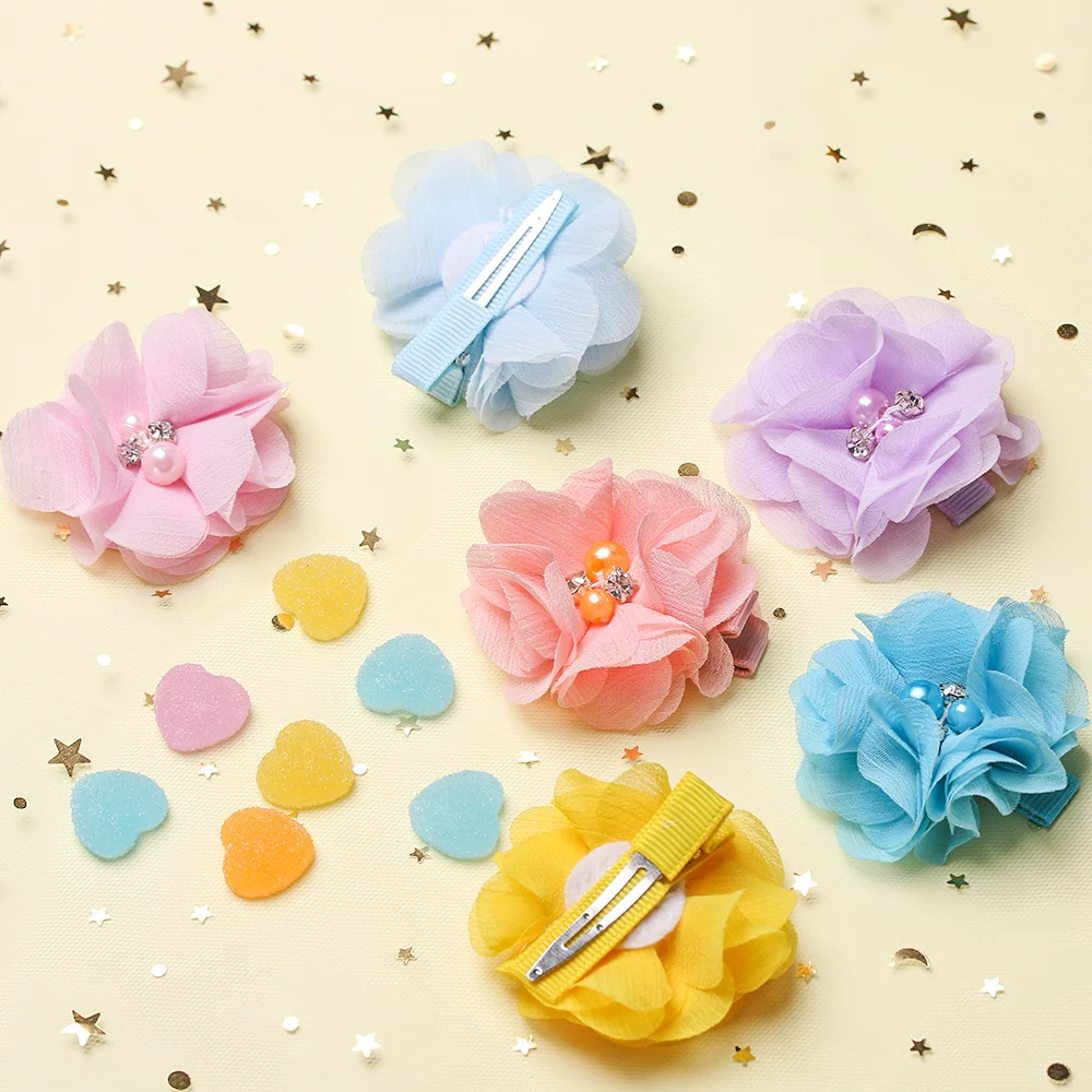 Baby girl Pearl Rhinestone Flowers Clips Girls Chiffon Fabric Hair Accessories Lovely Handmade Children's Gift Headwear | Детская