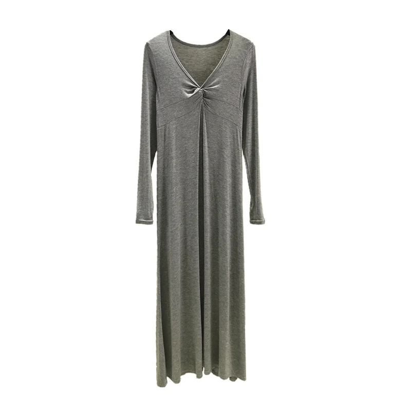 Женское трикотажное платье-миди с длинным рукавом и V-образным вырезом | Женская