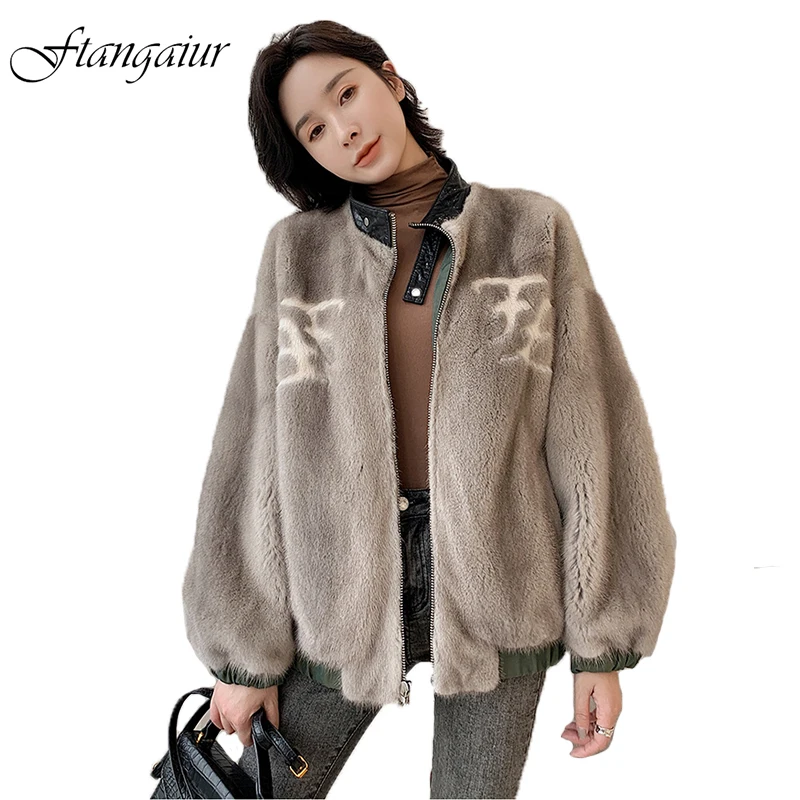 

Ftangaiur New Winter Imported Velvet Mink Fur Coat Print Letter Double Side Wear Women Short Pure Natural Real Mink Fur Coats