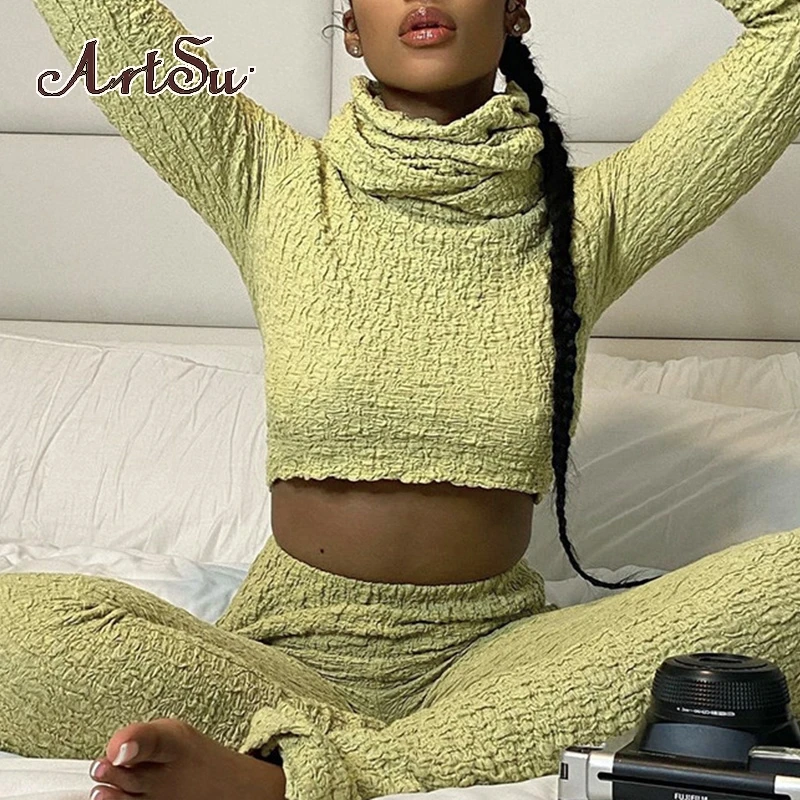 

Artsu Avocado Autumn New 2 Piece Sets Womens Outfits Long Sleeve Pile Collar Crop Tops Pencil Pants Casual Wrinkled