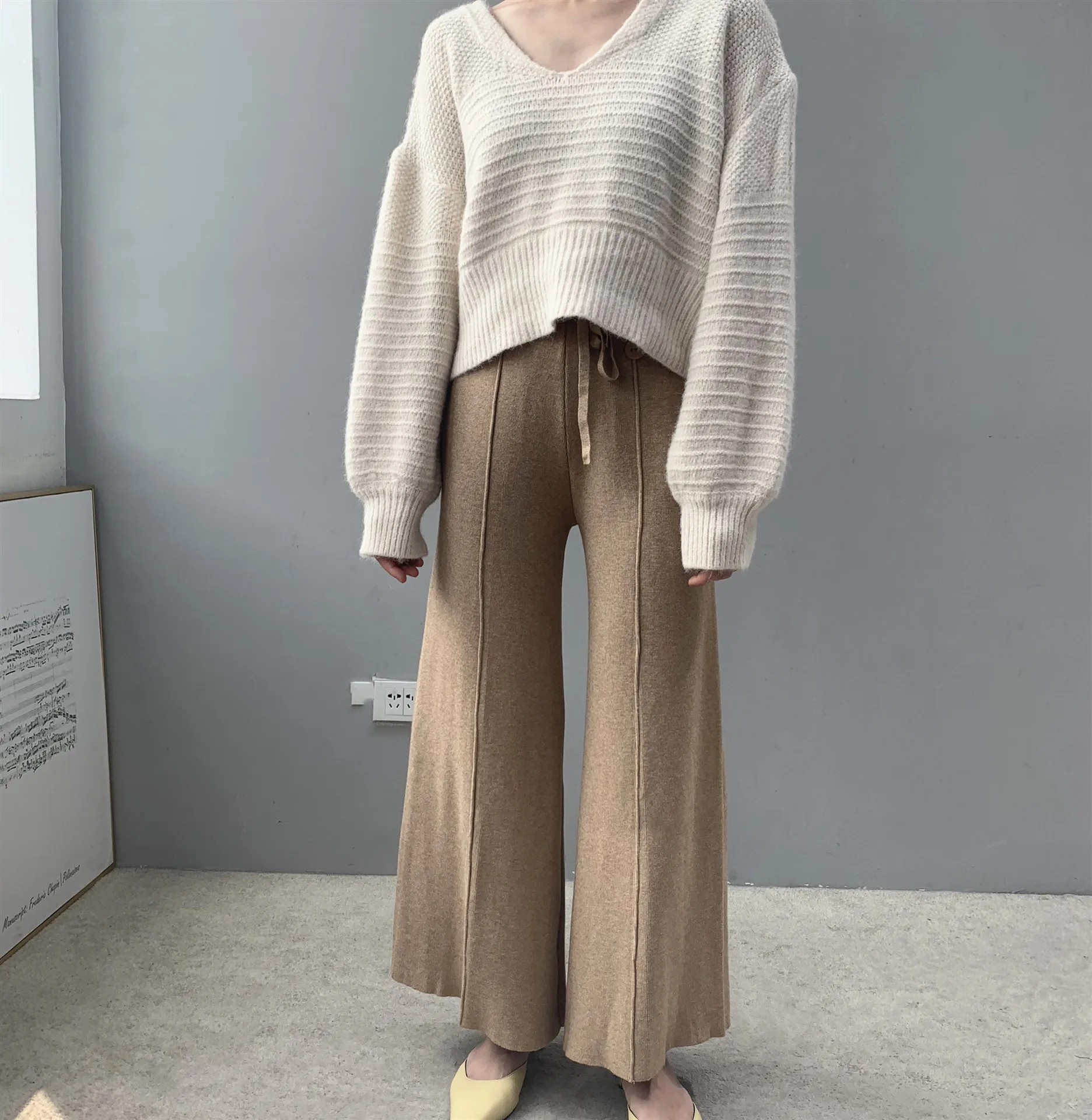 Для женщин брюки Новинка весны мягкий вощеный удобные WaistCashmere трикотажные брюки женская, одноцветная брюки с широкими штанинами Повседневное