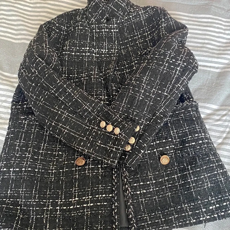 Женский твидовый Блейзер винтажный двубортный блейзер в клетку с отложным
