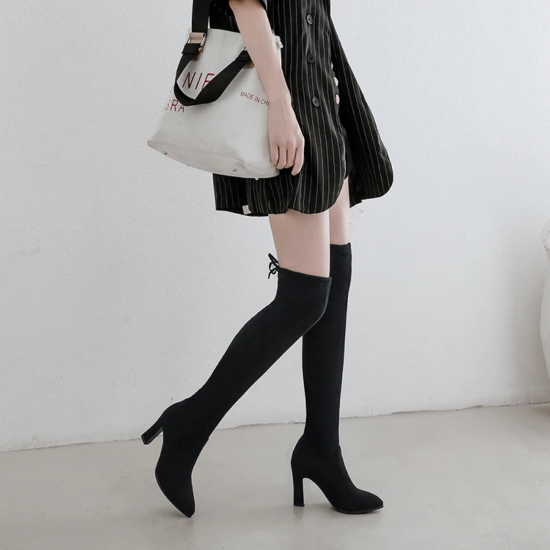 Женские сапоги выше колен с квадратным носком на среднем каблуке|Ботфорты| |