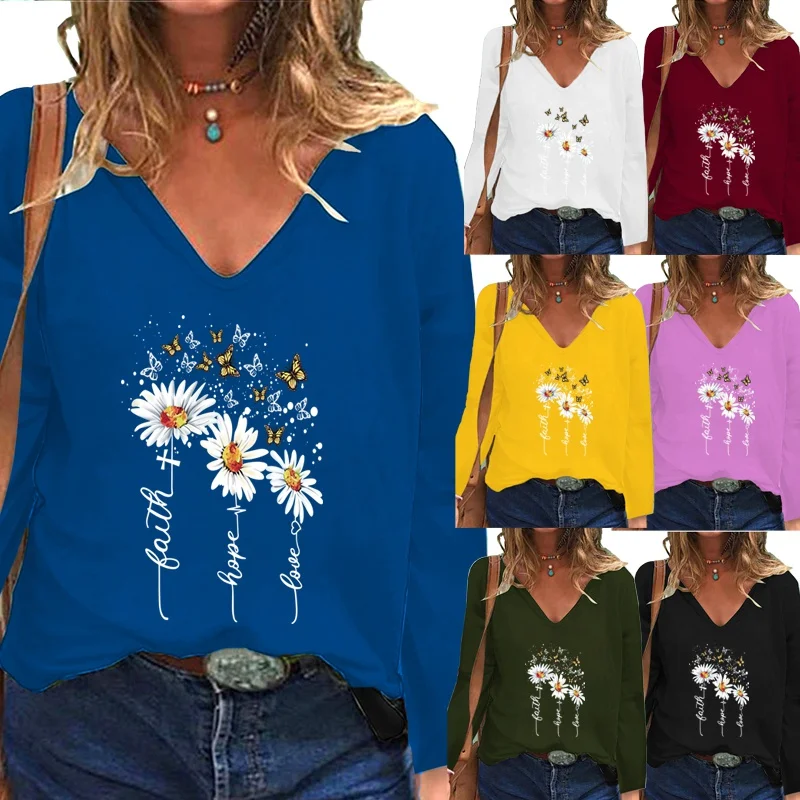 

Новая женская осенняя Модная Повседневная рубашка с длинным рукавом и принтом маргариток однотонный топ с глубоким V-образным вырезом Своб...