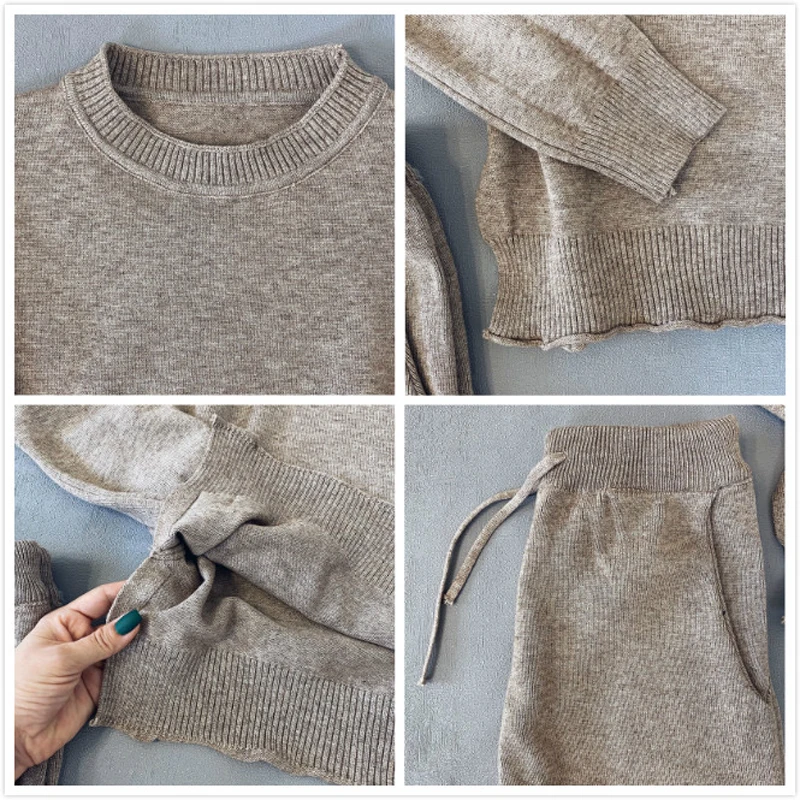 Женский спортивный костюм из 2 предметов вязаный пуловер и эластичные штаны