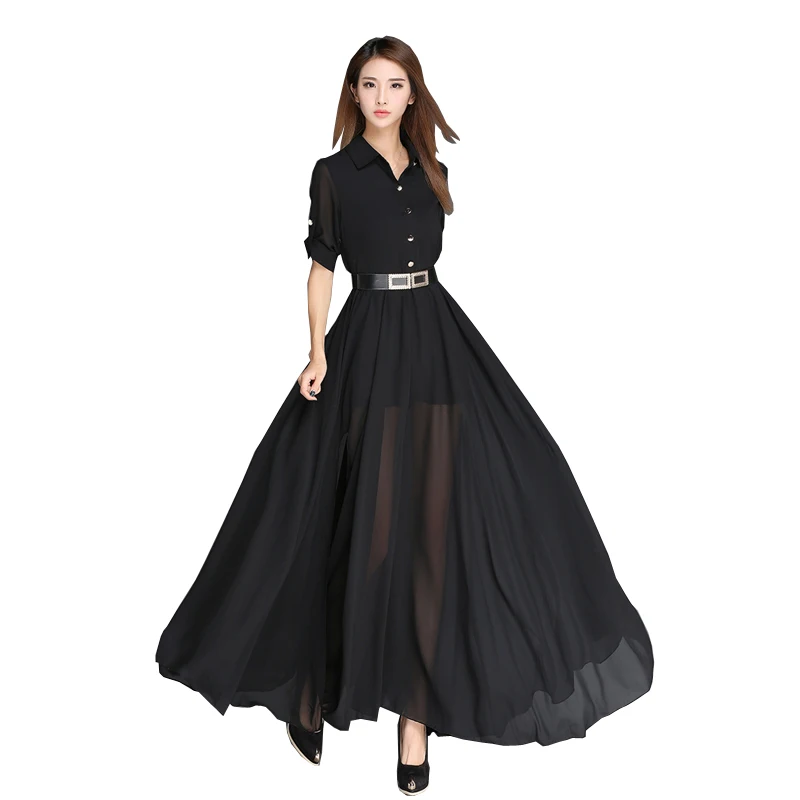 

2021 Summer Newest Fashion Designer Runway Black Shirt Dress High Quality Bohemia Elegant Party Beach Dress Girl`s Maxi Dresses