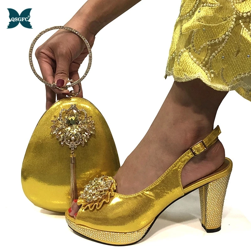 

2021 Italian Design Nigerian New Arrival Fashion Yellow Color Party High Heels Women Shoes and Bag Set Decorated With Rhinestone