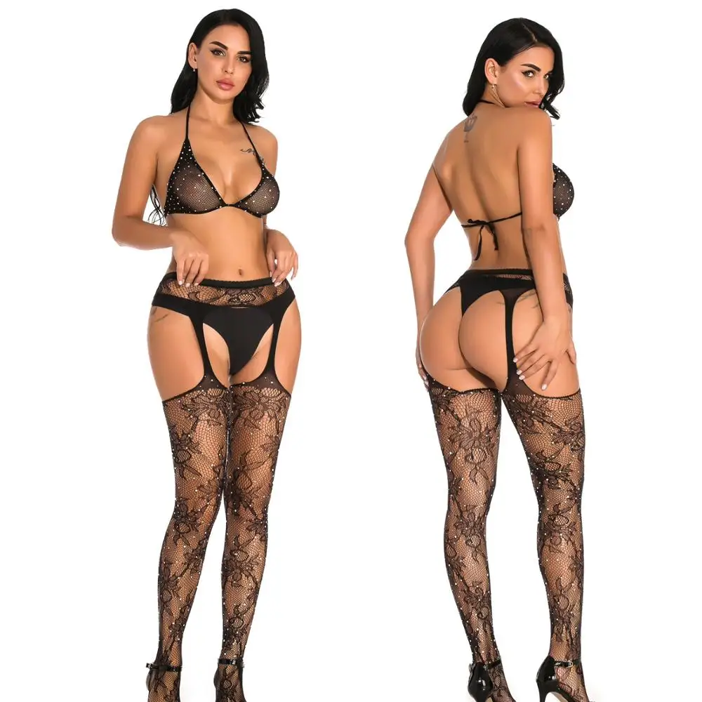 

Women Exotic Costumes Pole Danc Sexy Rhinestone Fishnet Tights Suspender Pantyhose Thigh High Stockings Pantyhose Sexy Bra Set