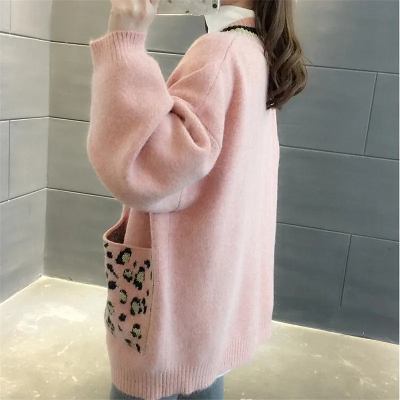 Для женщин осень кардиган с v-образной горловиной леопардовые свитера карманами