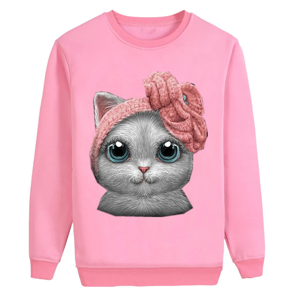 Женские свободные свитера с мультяшным котом Милые свитшоты длинными рукавами