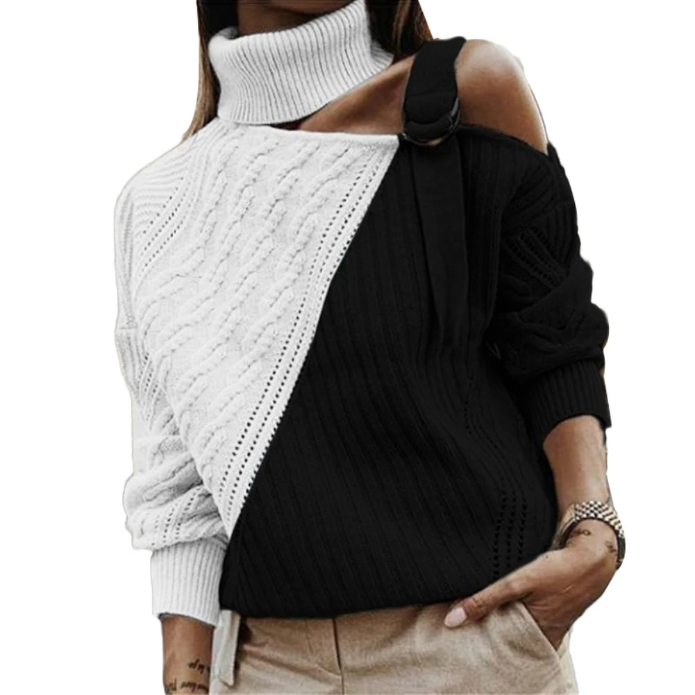 Осенне-зимние женские свитера с цветными блоками высоким воротом регулируемым