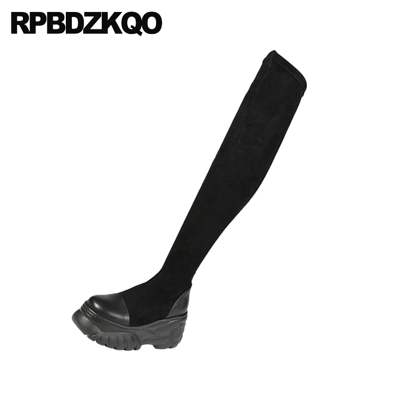 Замшевые облегающие Женские сапоги до бедра высокие на платформе с высокой
