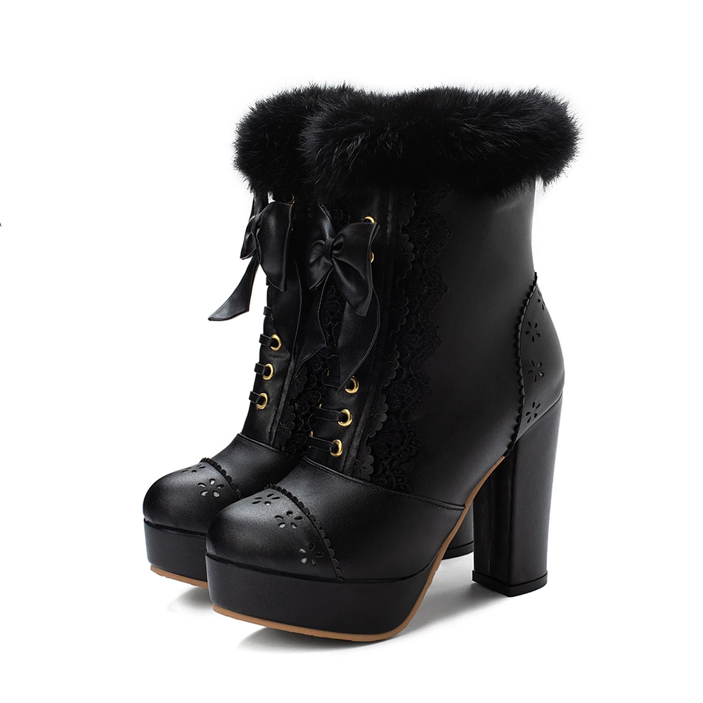 Black Thick Lining Г. Новые Брендовые женские ботильоны на платформе с милым мехом черного и фиолетового цвета школьная женская обувь на высоком каблуке Большие размеры 10, 43, 45, 48, LA259 - Цвет: Black Thick Lining