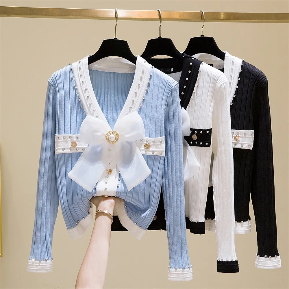 

Plus Size Sweater Cardigan Fashion Beading Bow Autumn Winter Women Knitted Cardigan White Tops Female Chic Elegant Weater 2021