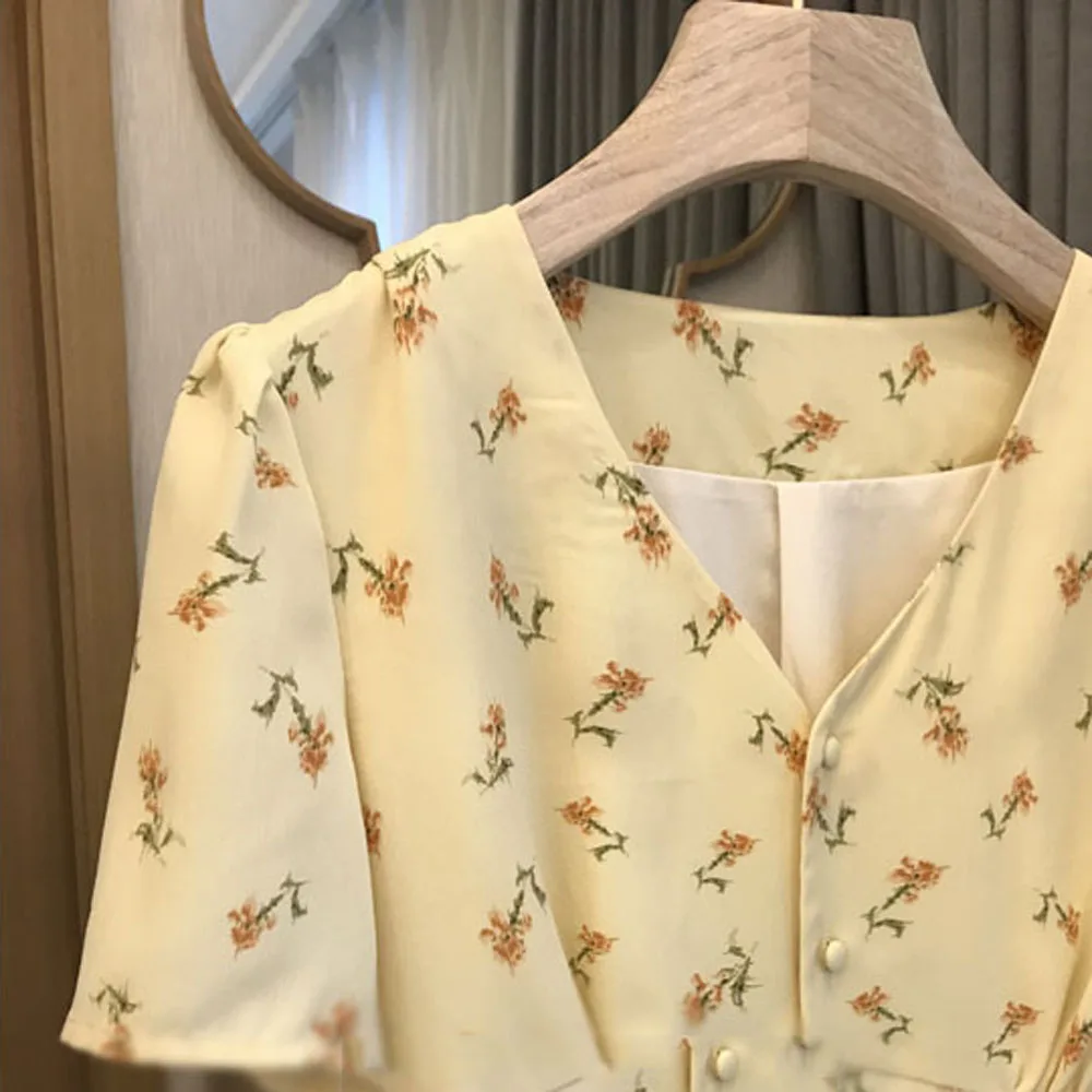 

2021 New Vintage Floral Print Ruched Women Dress Split Vestido Short Sleeve Party Dress Slim Midi Dresses Casual High Quality