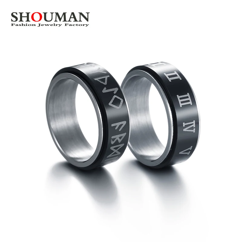 

SHOUMAN Viking Roman Number Men's Finger Spinner Stress Reliever Titanium Steel Black Color Ring for Women Male Dad Jewelry