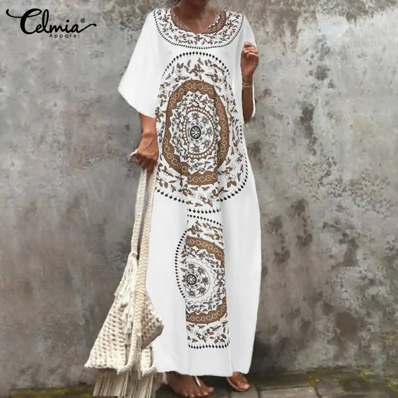 Celmia Kaftan Dress 2020 Women Summer Vestidos Sexy Sleeve Party Maxi Robe Femme Retro Print Shirt Sundress S-5XL | Женская одежда