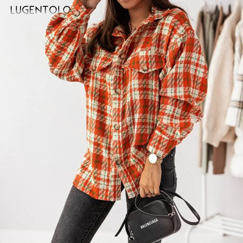 

Женская рубашка с отложным воротником Lugentolo, Весенняя тонкая однобортная рубашка свободного покроя с длинным рукавом и принтом в клетку