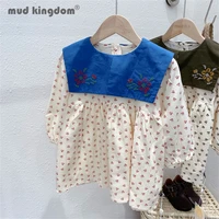 mudkingdom girl dress vintage embroidery sailor collar floral long puff sleeve loose fit princess dresses for toddler clothes