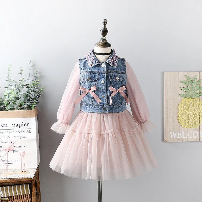 New Girls Dresses 2pcs Sets Kids Autumn Clothes Pearl Denim Vest Long Sleeve Lace Princess Dress Bow Pink Children Outfits Size
