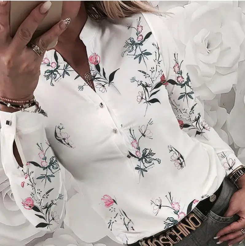 Женская блузка с принтом сердечек Повседневная рубашка длинным рукавом и V