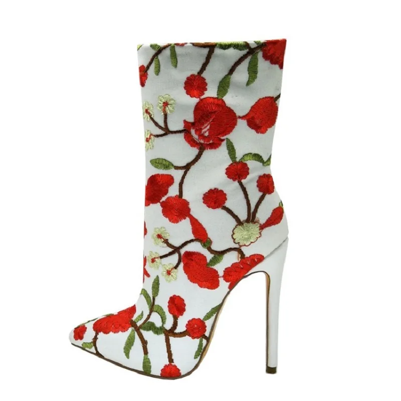 Женские ботильоны с вышивкой на тонком каблуке размеры 4-15 | Обувь