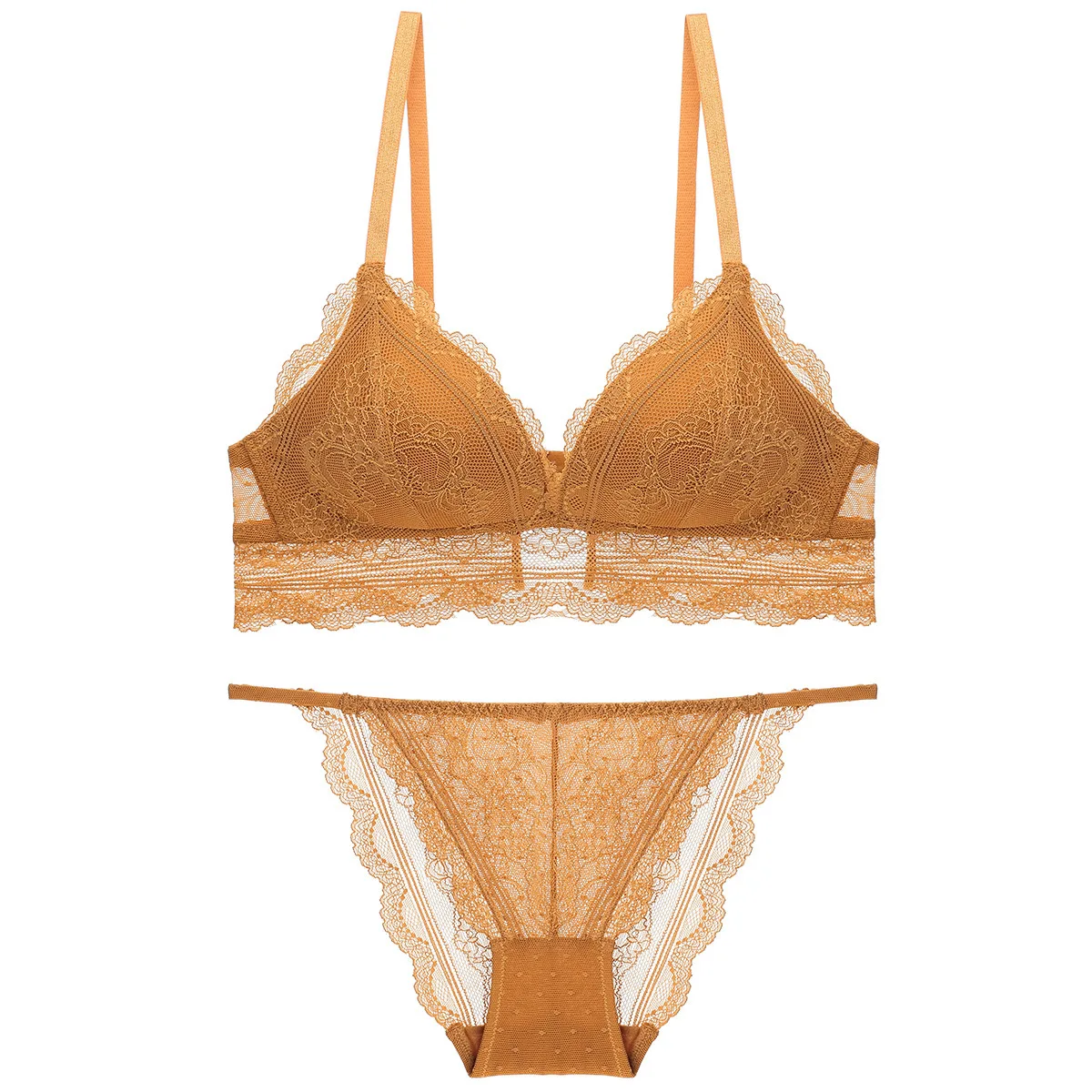 

New Retro No Steel Ring Lace Thin Section Comfortable Mold Cup Women's Bra French Sexy Triangle Cup Bra Set
